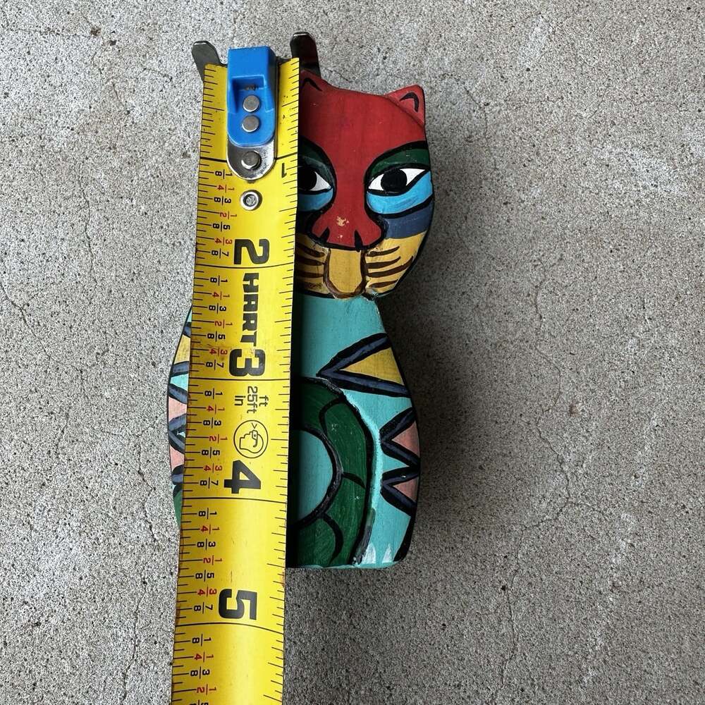 Laurel Burch Style Wood Cat Figurine Carved Hand Painted Turquoise Print Folkart - Picture 7 of 7